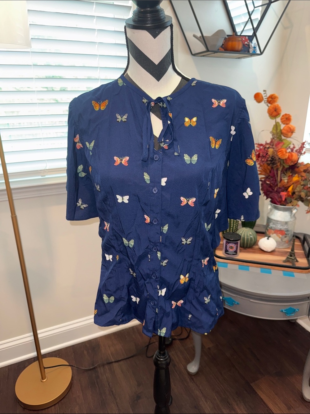 Unique Vintage Navy & Butterfly Print Cecilia Blouse